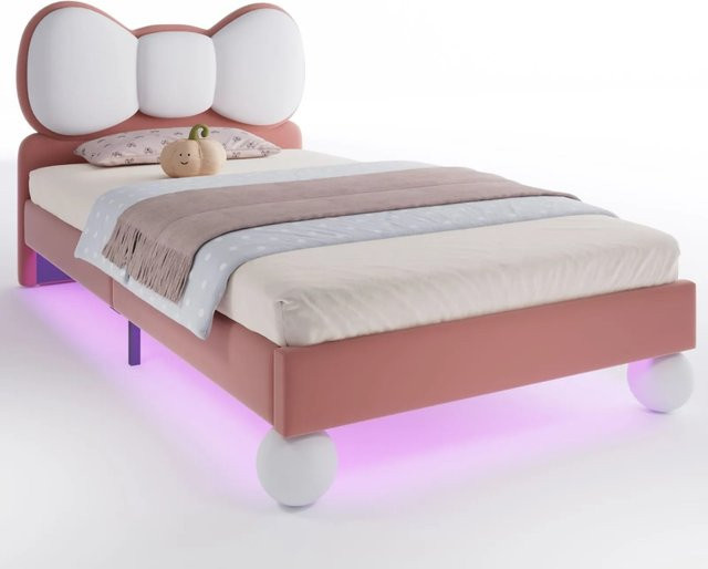 PXloue Kinderpolsterbett mit LED-Fliegen-Kopfteil aus Samt in Beige-Rosa, B/T/H: 90 x 200 x 105 cm - Bild 1