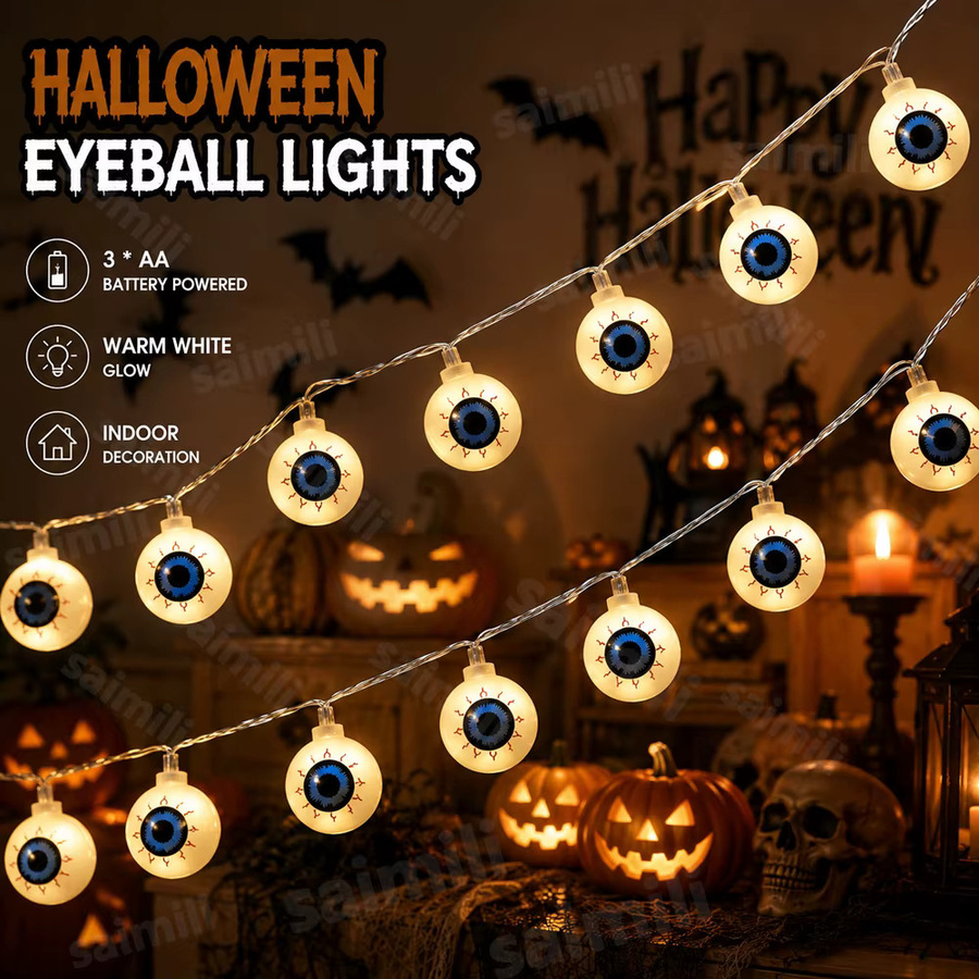 Batteriebetriebene Halloween-LED-Lichterkette mit Augapfel-Motiv in Weiß und Warmweiß für deine Spukhaus-Dekoration - Bild 1