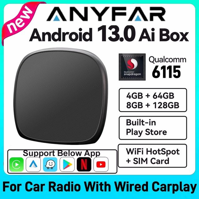 ANYFAR Android 13 AI TV Box mit Wireless CarPlay und Android Auto, QCM6115 8-Core, 64G/128G, Schwarz - Bild 1