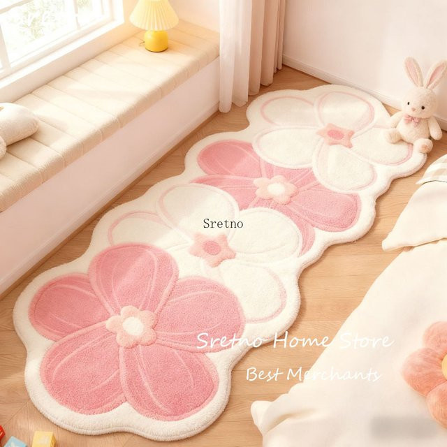 SRETNO Extra lange Plüschmatte in Blumenform, Rosa und Cremefarben, weiche zottelige Teppichmatte aus Polyester für dein Schlafzimmer, maschinenwaschbar - Bild 1