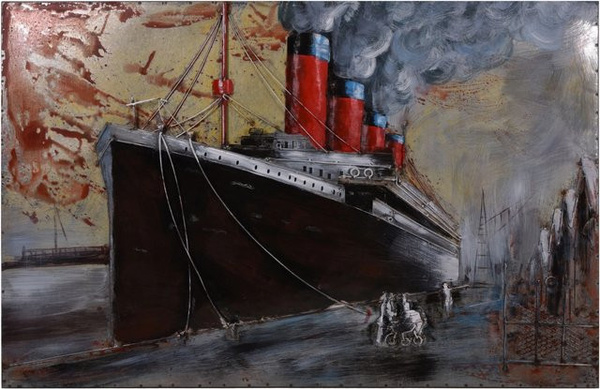 DELUKE 3D-Metallbild Schiff in Bunt im Vintage-Stil aus Stahl, Wandbild für Wohnzimmer, Flur oder Büro, Tiefe: 0,6 cm, Höhe: 120 cm, Breite: 80 cm