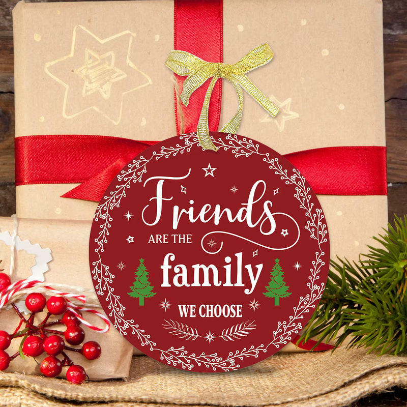Rotes Freundschafts-Weihnachtsornament aus Kunststoff mit Schriftzug Freunde sind die Familie die wir wählen als Hängedekoration für den Weihnachtsbaum oder das Fenster - Bild 5