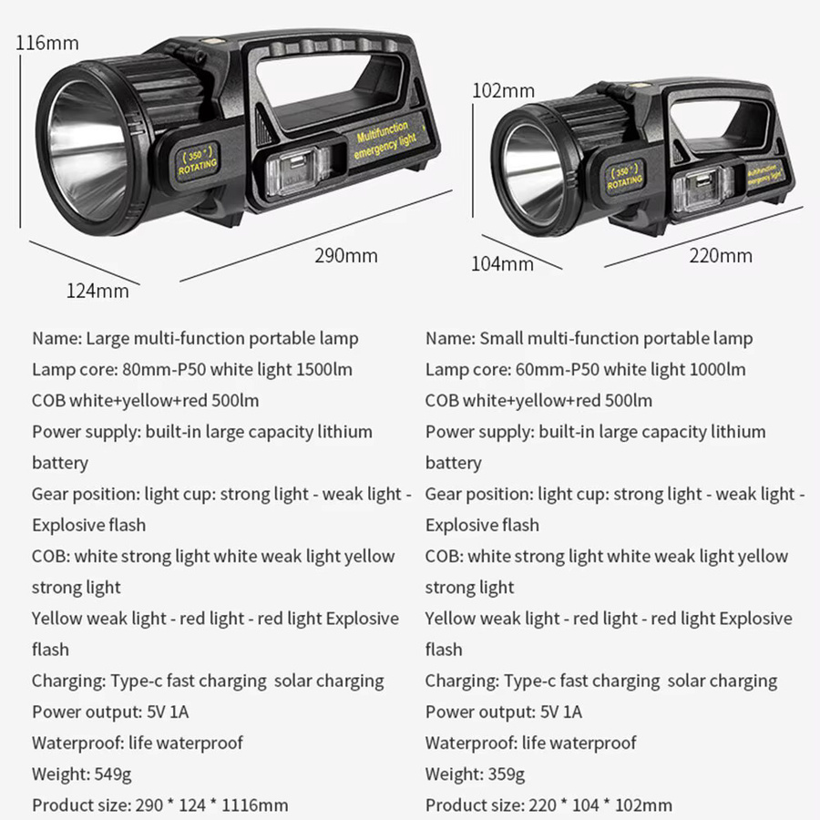 ESMARTER P50 Solar-LED-Taschenlampe, tragbarer USB-aufladbarer Suchscheinwerfer, wasserdicht, Schwarz - Bild 5