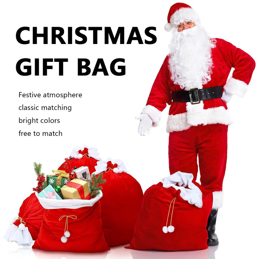 Rote Weihnachts-Geschenktüten aus Samt mit Kordelzug im Weihnachtsmann-Design - Bild 2