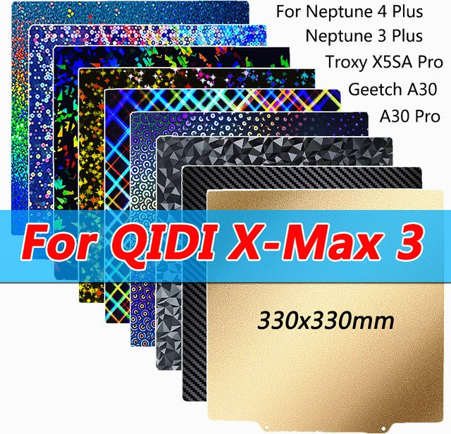 JOYYSET PEI PEO Bauplatte für 3D-Drucker, passend für QIDI X-Max 3, Elegoo Neptune 4/3 Plus, Anycubic Kobra 2 Plus, Geetch A30 und Troxy X5SA Pro, Breite: 33 cm, Tiefe: 33 cm - Bild 1