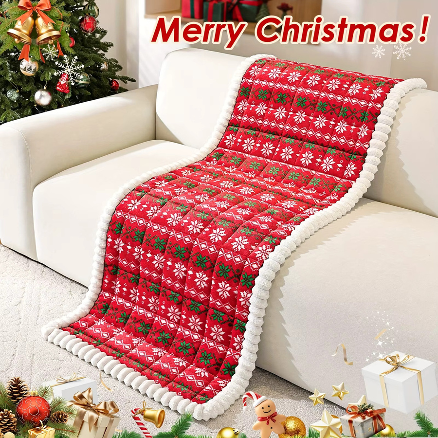 DUTRIEUX Plüsch Kissenbezug mit Schneeflocken-Design in Rot und Grün, Gestepptes Winter-Dekokissen im Nordic-Stil - Bild 2