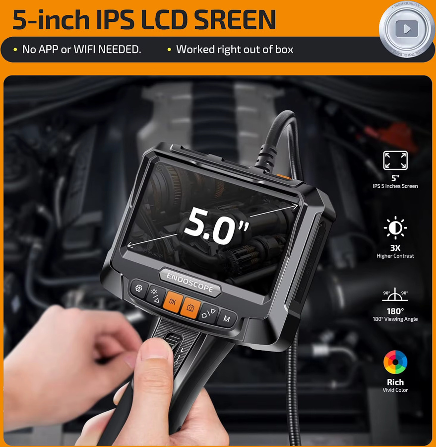 LAFOCH 360 Grad rotierendes Doppelobjektiv-Endoskop mit 3,9 mm Kamera und 5 Zoll IPS-Display in Schwarz - Bild 2
