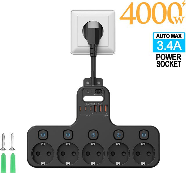Steckdosenleiste 12 in 1 mit EU-AC-Stecker, Wandmontage, 4000 W, unabhängige Schalter, Sensor-Nachtlicht, 3 USB-C und 3 USB-A Anschlüsse, Schwarz - Bild 1