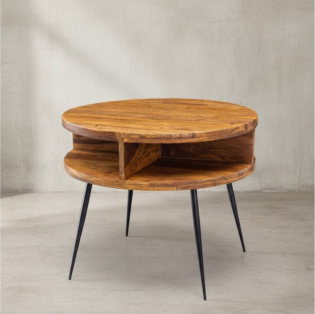 KADIMA DESIGN Couchtisch aus rundem Massivholz Sheesham mit 4 Ablagefächern und schwarzem Metallgestell, Durchmesser: 60 cm, Höhe: 45 cm - Bild 1
