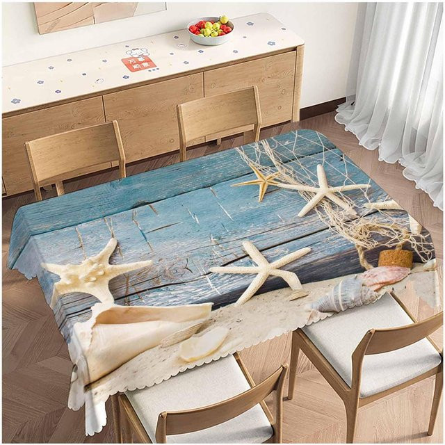 Wasserdichte Tischdecke von JMG Household Supplies mit Strand-Motiv aus Seesternen, Muscheln und Fischernetzen in Blau, B/B: 100 x 160 cm - Bild 1