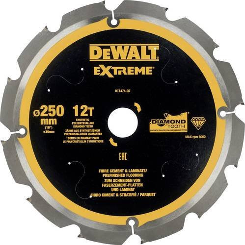 DeWalt Kreissägeblatt PCD DT1474-QZ mit 12 Zähnen für Stein, Holz und Kunststoff, Durchmesser: 250 mm, Bohrung: 25 mm - Bild 1
