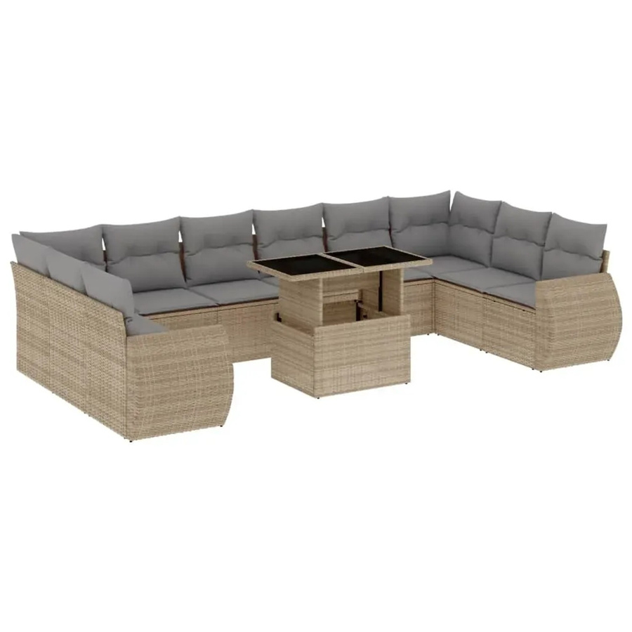 vidaXL 11-teilige Garten-Sofagarnitur in U-Form aus PE-Rattan mit beige-grauen Kissen und pulverbeschichtetem Stahlgestell - Bild 2