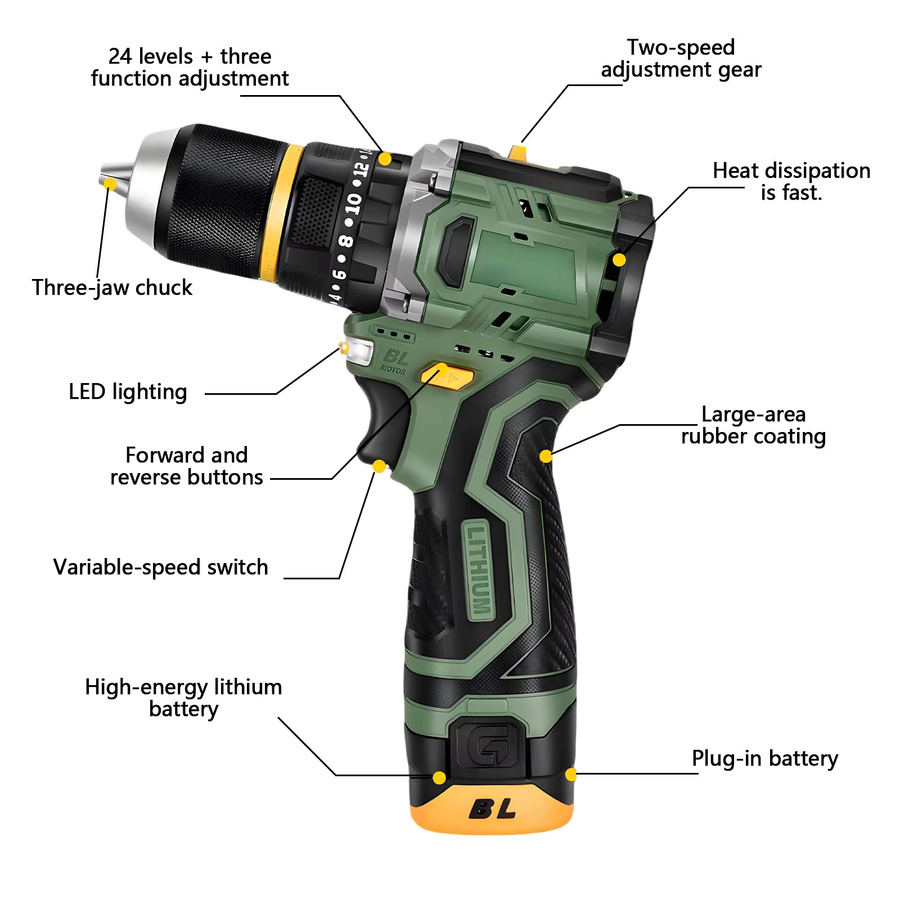 WUIETI Bürstenloser Akku-Bohrschrauber 16,8V in Grün mit 55Nm Drehmoment, 13mm Metallbohrfutter, 23 Drehmomenteinstellungen, 2 Geschwindigkeiten und LED-Licht inklusive Zubehör-Set - Bild 6