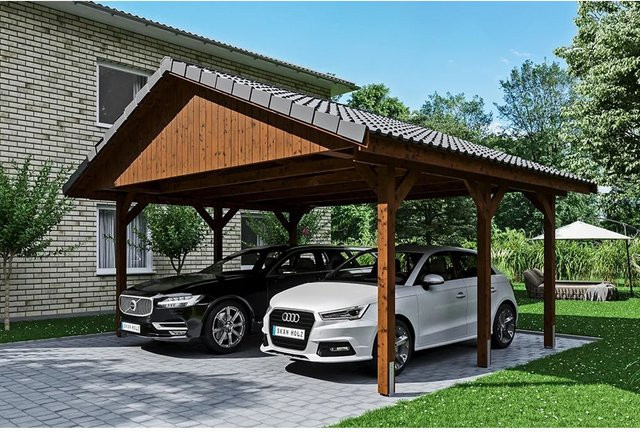 Satteldach-Carport Wallgau von SKANHOLZ in Nussbaum Braun mit Dachlattung B/T: 620 x 500 cm, Höhe: 354 cm - Bild 1