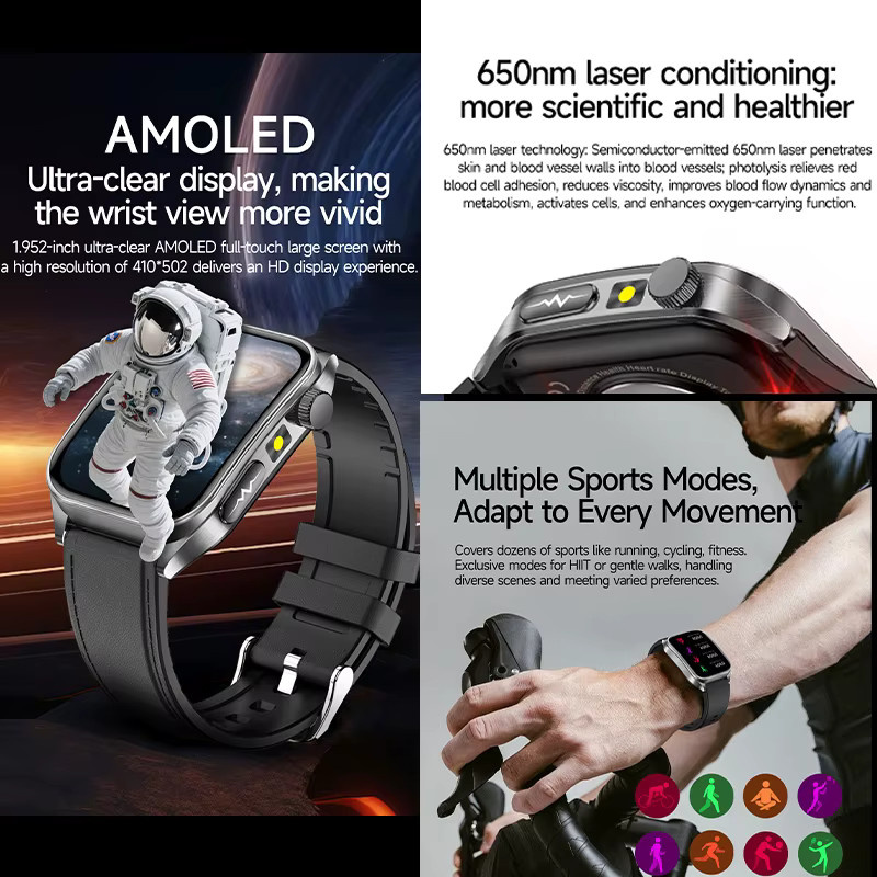 Yaocx Smartwatch mit 650nm Lasertherapie zur Blutdruckmessung, Harnsäure- und Lipid-Diagnose sowie Herzfrequenzmessung für Männer und Frauen, Schwarz, iOS-kompatibel - Bild 4