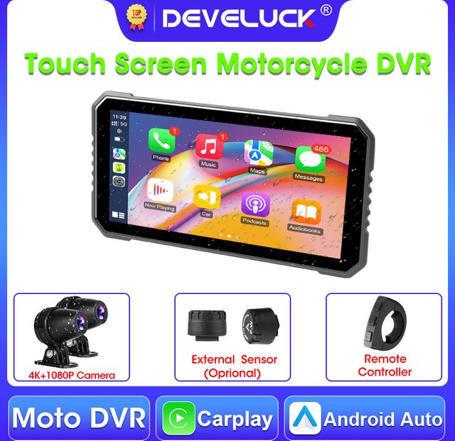 Develuck Motorrad GPS Navigation mit 6,25 Zoll 4K+1080P DVR Display, kabelloses CarPlay und Android Auto, wasserdichter Bluetooth Bildschirm mit Dual Lens in Schwarz - Bild 1
