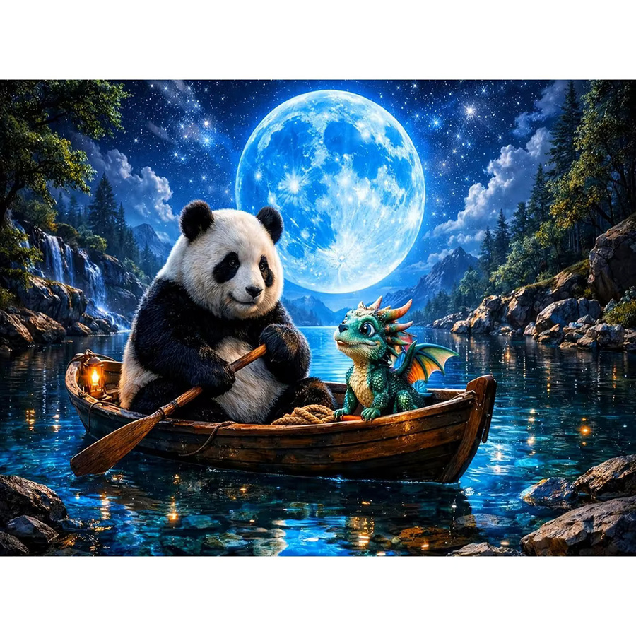 EverShine 5D Diamant-Mosaik Wandkunst Panda mit Mond und Landschaft als quadratisches Strass-Stickerei-Set in Multicolour, Breite: 30,0 cm, Höhe: 30,0 cm - Bild 4