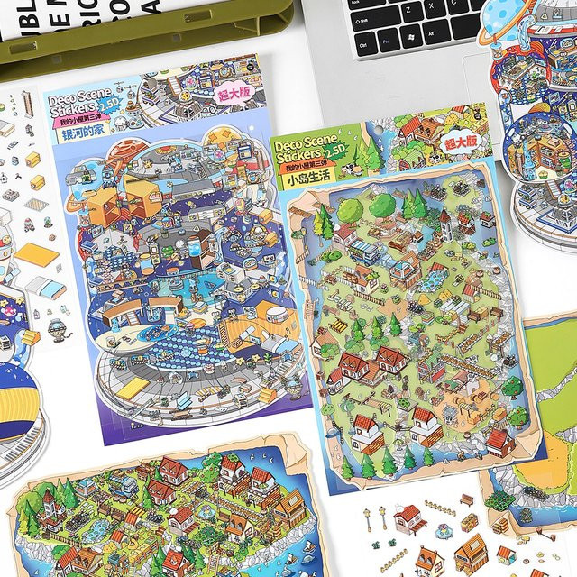 My House Kawaii Landschaftsaufkleber Set aus PET 2.5D für Scrapbook, Journal und Planer, 4 Blatt, Mehrfarbig - Bild 1