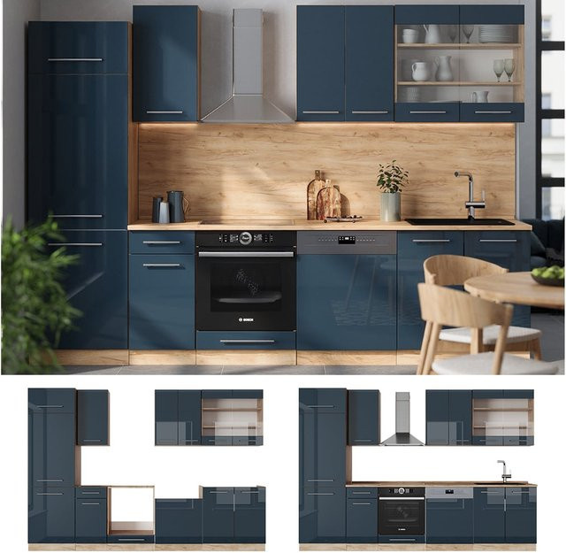 Vicco Küchenzeile Fame-Line Eiche Dunkelblau Hochglanz mit Arbeitsplatte Anthrazit 300 cm - Bild 1