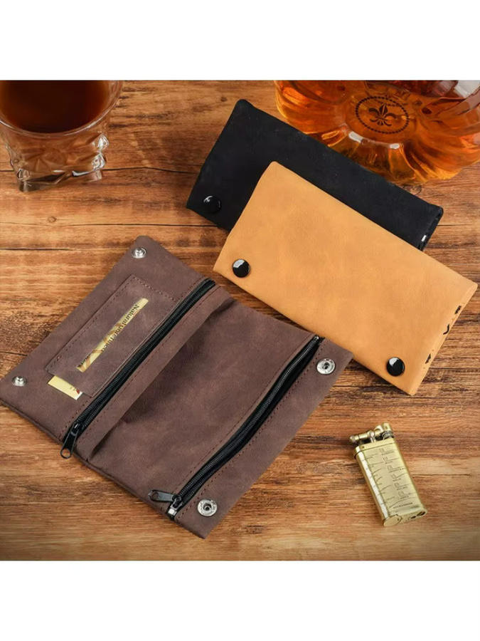 Handgefertigte Tabaktasche aus Leder von Cattabby in Braun, multifunktionale faltbare Aufbewahrungstasche und Raucherpapierhalter - Bild 3