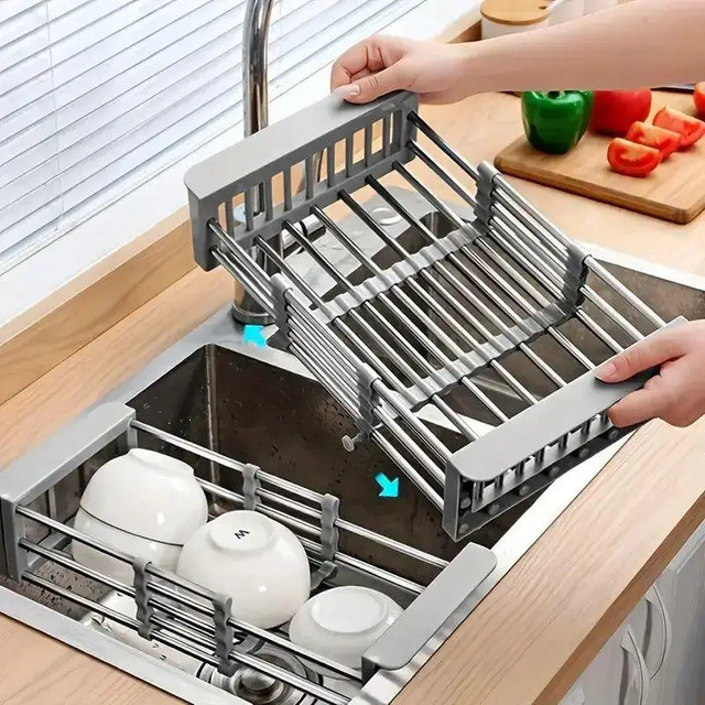 Erweiterbarer Abflusskorb aus Edelstahl mit Abtropffiltergitter für das Waschbecken in Silber oder Schwarz - Bild 1