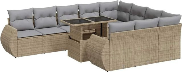 vidaXL 11-tlg. Garten-Sofagarnitur in U-Form aus Poly-Rattan in Beige-Grau mit wetterfesten Kissen und Armlehnen - Bild 1