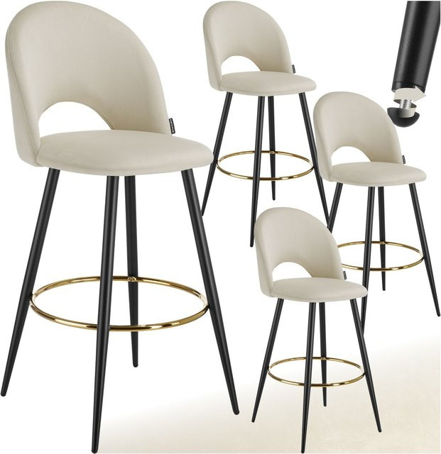 tectake Barstuhl in Samtoptik beige, gepolstert mit pulverbeschichteten Stahlbeinen, B/T/H: 49 x 58 x 110 cm - Bild 1