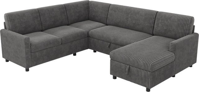 Merax U-Sofa Schlafsofa aus Cord in Grau mit Stauraum, B/T/H: 274 x 220 x 85 cm - Bild 1