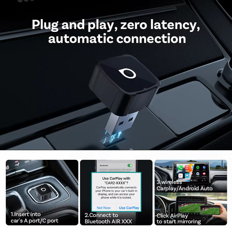 OTTOCAST MINI AIR Cube 4.0 Kabelloser CarPlay und Android Auto Adapter mit Airplay Bildschirmspiegelung, 3-in-1 Dongle, Schwarz - Bild 4