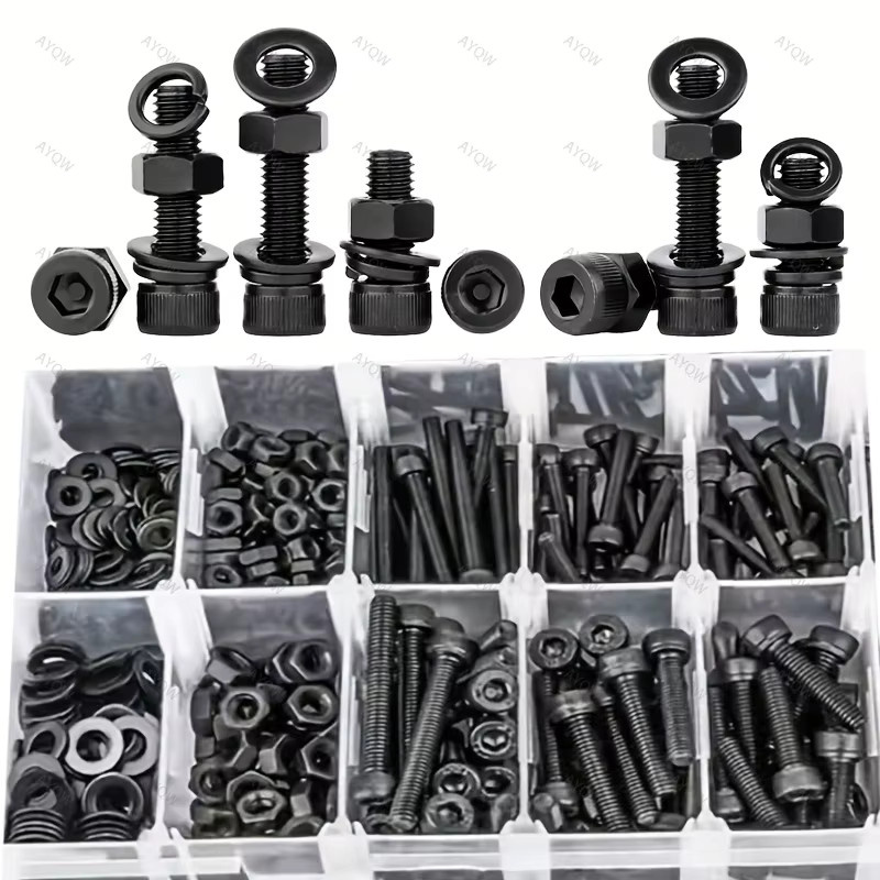 200-teiliges M4 Schraubenset aus legiertem Stahl in Schwarz mit Sechskantschrauben, Muttern und Unterlegscheiben - Bild 2