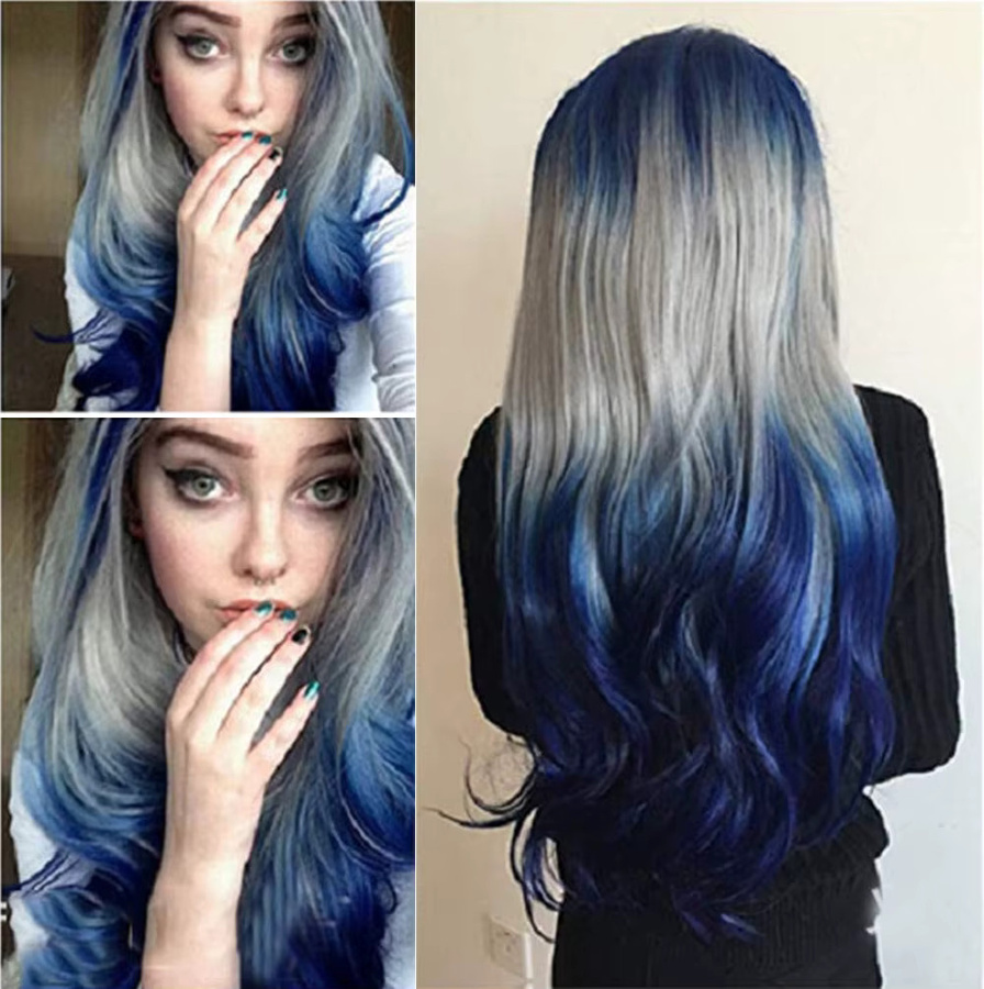 soowee Perücke, synthetisch, lang, blau Ombre-Grau, gewellt, Damen - Bild 5