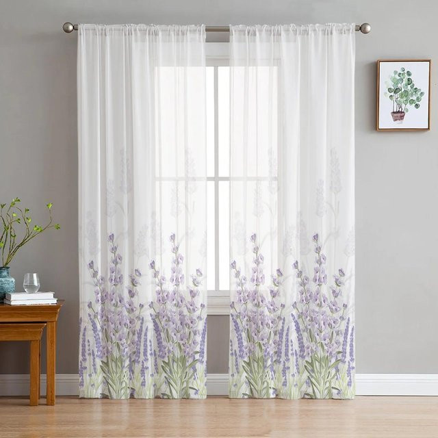 A Family Of Home Textiles Lavendel Voile Gardine mit Blumenmuster in Lila und Weiß, Chiffon Tüll Vorhang für Wohnzimmer und Schlafzimmer, Breite: 135 cm, Höhe: 114 cm - Bild 1