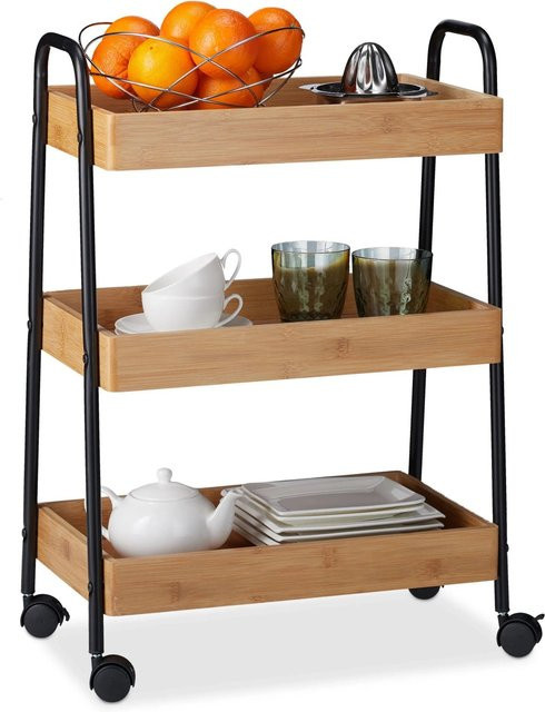 Relaxdays Servierwagen aus Bambus und Stahl in Schwarz, rollbar, B/T/H: 70 x 49,5 x 28 cm - Bild 1