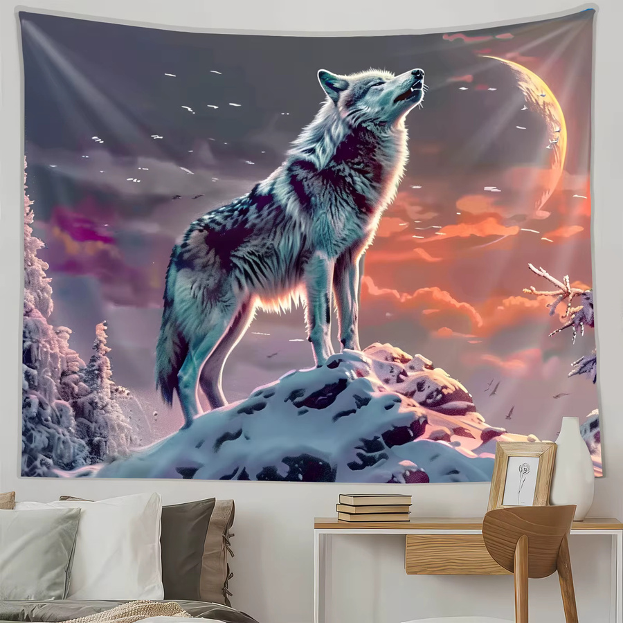 VIKAMA Wildnis Wolf Tapisserie mit Mondlicht, Wanddeko im Wildnis-Design, Mehrfarbig, B/H: 60 x 40 cm - Bild 2
