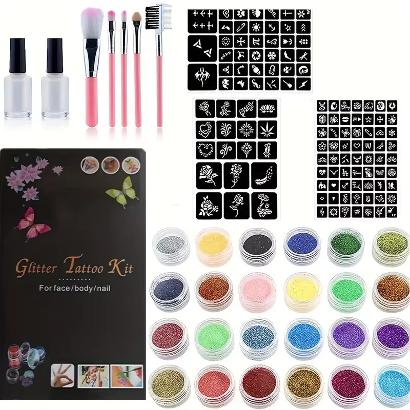 Veronni Temporäres Glitzer-Tattoo-Set, 24 Farben, 2 Kleberflaschen, 3 Schablonenblätter - Bild 2