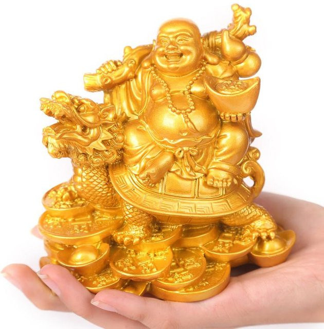Yiran Furniture Lachender Buddha Statue aus Harz in Gold als moderne Feng Shui Dekoration mit Drachenschildkröte - Bild 1