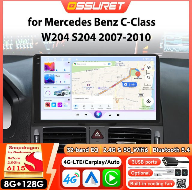 OSSURET Multimedia Autoradio mit GPS, Carplay und Android Auto für Mercedes Benz C Klasse W204 S204 (2007–2010), Snapdragon 6115, 4G, Schwarz - Bild 1