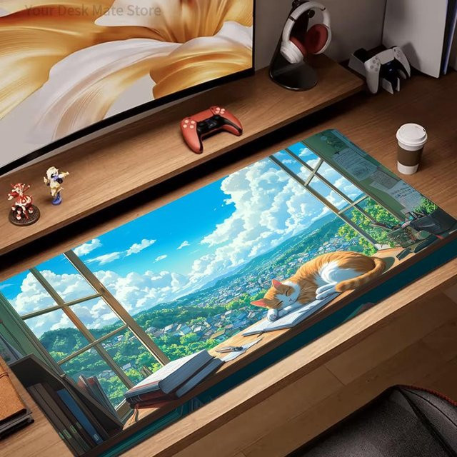 Potdemiel Mauspad Sommerlandschaft mit orangefarbener Katze, rutschfeste Gaming-Matte in Multicolor - Bild 1