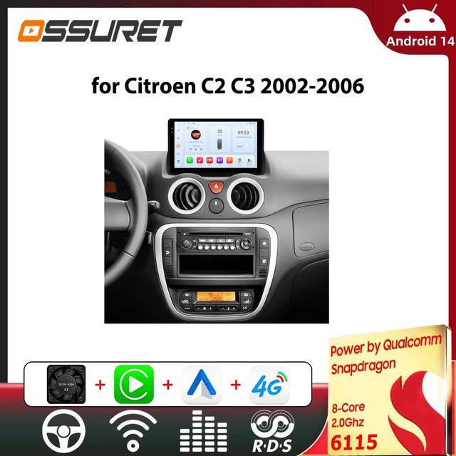 OSSURET Android-Autoradio für Citroen C2 C3 (2002–2006) mit kabellosem Carplay, GPS und Multimedia-Video-Player in Schwarz - Bild 1