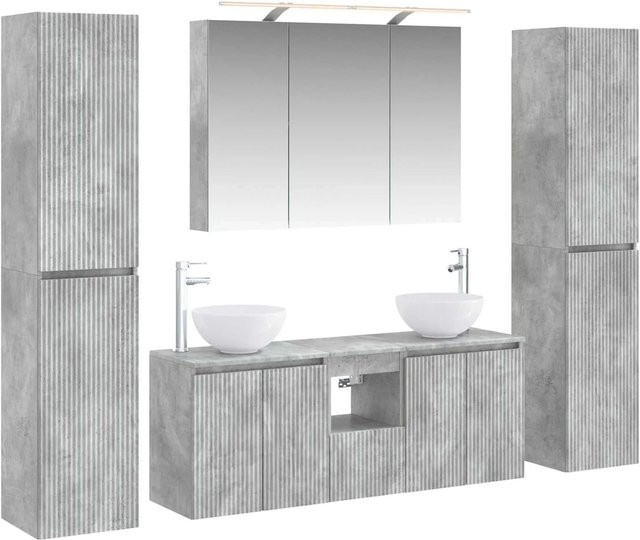 vidaXL Badezimmermöbel-Set 6-teilig in Betongrau aus Ingenieurholz und Glas mit LED-Beleuchtung und Spiegelschrank - Bild 1