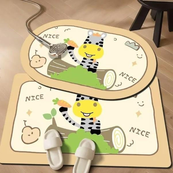Schnelltrocknende Kieselgur-Badezimmermatte mit Cartoon-Tier-Motiv, rutschfest und beige, B/T: 60 x 40 cm, Höhe: 0,25 cm - Bild 1