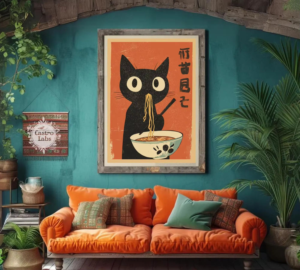 Retro Ramen Poster mit schwarzer Katze von SHENCHEN als multicolor Kunstdruck für deine Wanddekoration - Bild 3