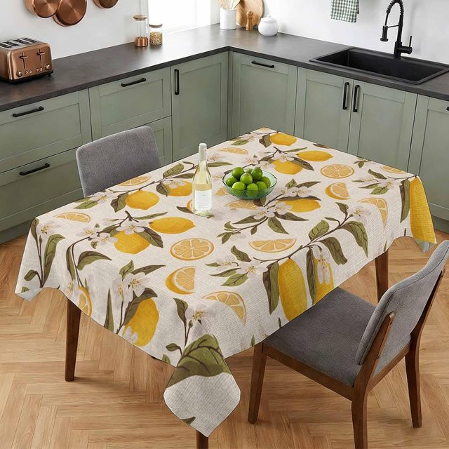 Rechteckige Tischdecke von JMG Household Supplies mit Sommer Zitrone und Blumen Blättern Druck, Weiß, B/T: 140 x 140 cm - Bild 1