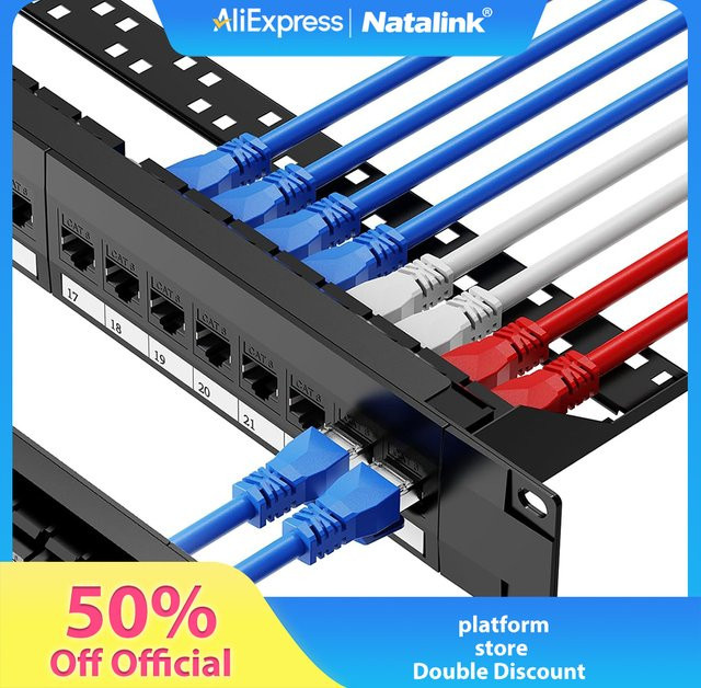 Natalink Patchpanel 24 Port Cat6 Cat6a Cat7 mit Inline Keystone 10G RJ45-Kupplung Schwarz 19 Zoll mit abnehmbarer Rückenleiste - Bild 1