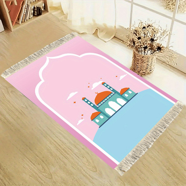 VIKAMA Islamische Kinder-Gebetsmatte in Rosa, tragbare und faltbare Reise-Sujada-Matte mit Quasten und Kinder-Motiv - Bild 1