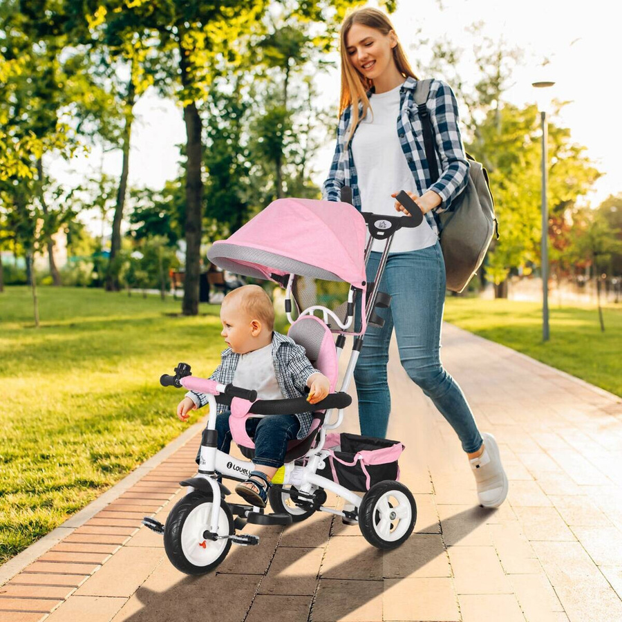 HOMCOM 6-in-1 Kinderdreirad mit Schubstange und Sonnendach in Rosa, B/H/L: 50 x 106 x 95 cm - Bild 2