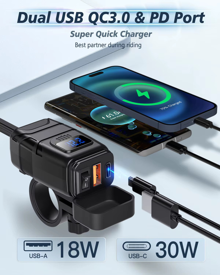 Anchtek Motorrad USB-Ladegerät QC3.0 mit Voltmeter, wasserdichter 12V Steckdosenadapter für Lenker, USB-A und USB-C, Schwarz/Blau - Bild 2