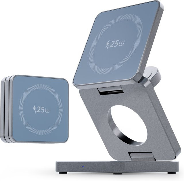 ILEPO 3-in-1 magnetische kabellose Ladestation für iPhone 12 bis 17 Serie, AirPods und iWatch, faltbares Reiseladegerät, grau - Bild 1