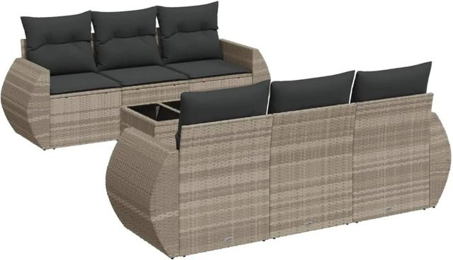 vidaXL 7-teilige Garten-Sofagarnitur aus Poly-Rattan in Hellgrau mit Kissen aus Polyester und pulverbeschichtetem Stahl - Bild 1