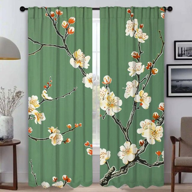 2er-Set Tüll-Vorhänge mit floralem Design in Grün für Schlafzimmer und Wohnzimmer, Breite: 50 cm, Höhe: 70 cm - Bild 1